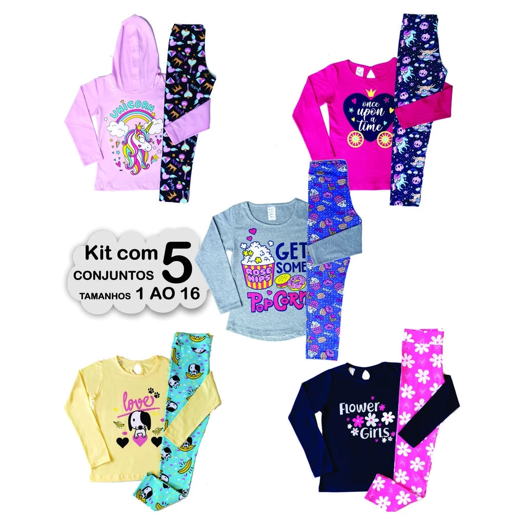 Kit 5 Conjuntos Infantil e Juvenil Menina 1 ao 16 Cotom Roupa Criança Inverno