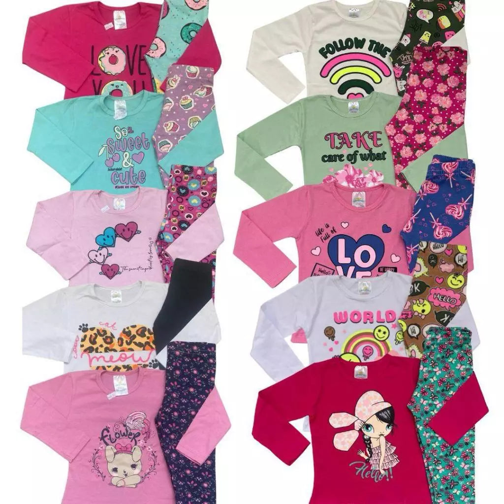 Kit 5 conjuntos Peças Conjunto Infantil Menina 5 Calça Legging 5 Blusinha Manga Longa Meia Estação 1 ao 16