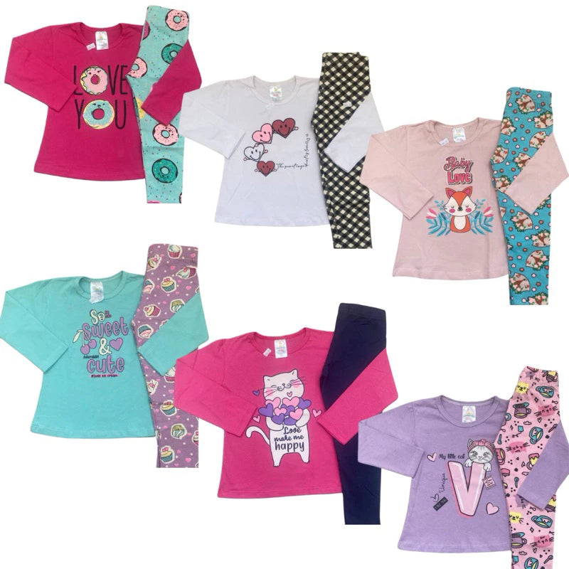Kit 5 conjuntos Peças Conjunto Infantil Menina 5 Calça Legging 5 Blusinha Manga Longa Meia Estação 1 ao 16