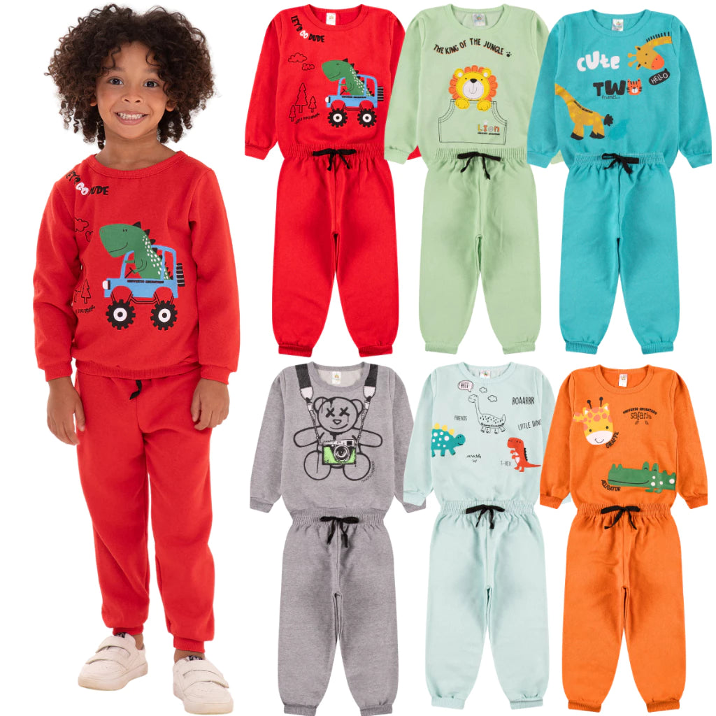 Kit Sortido com 3 conjuntos de moletons masculino Infantil Inverno – 3 blusas casacos + 3 calças de 1 ao 10