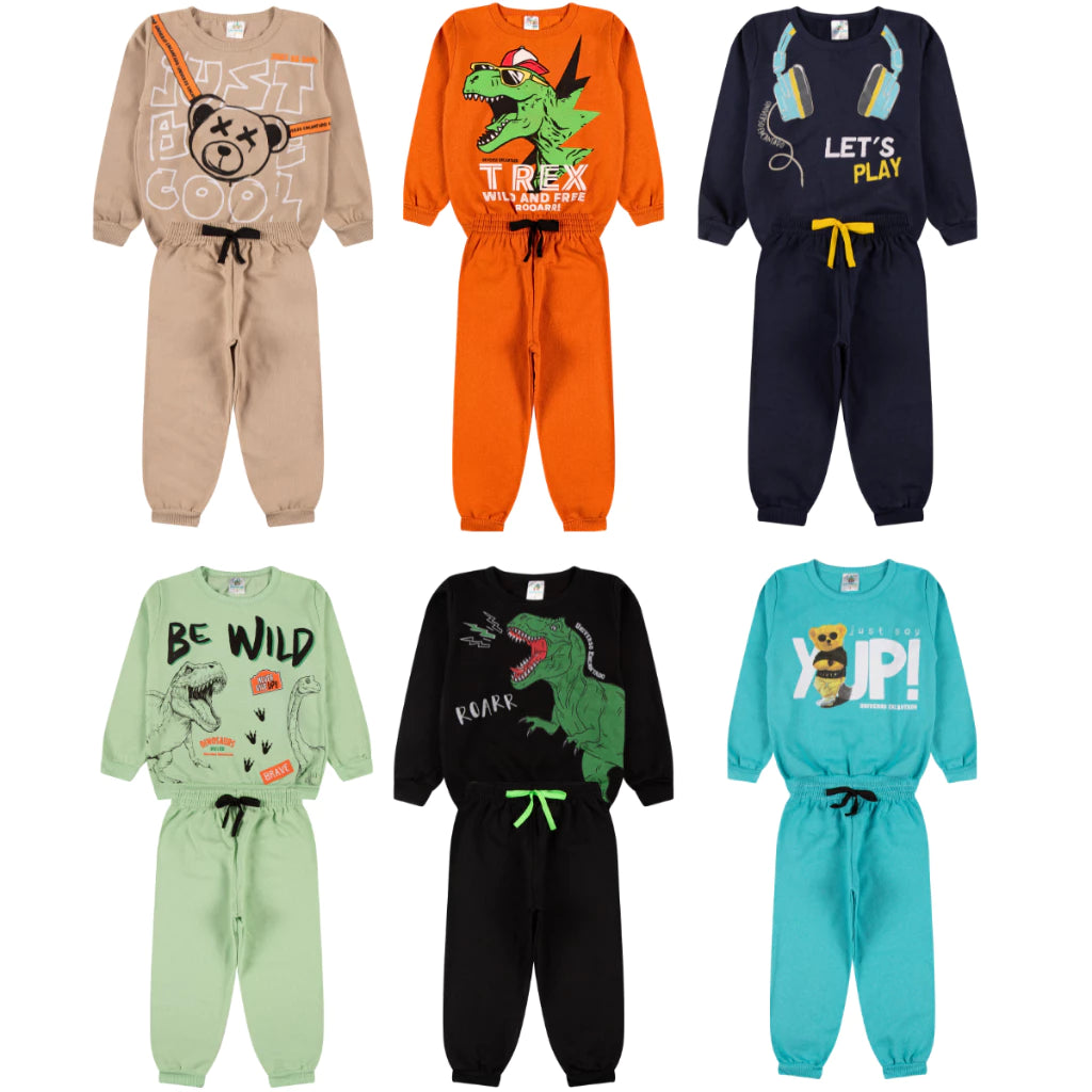 Kit Sortido com 3 conjuntos de moletons masculino Infantil Inverno – 3 blusas casacos + 3 calças de 1 ao 10