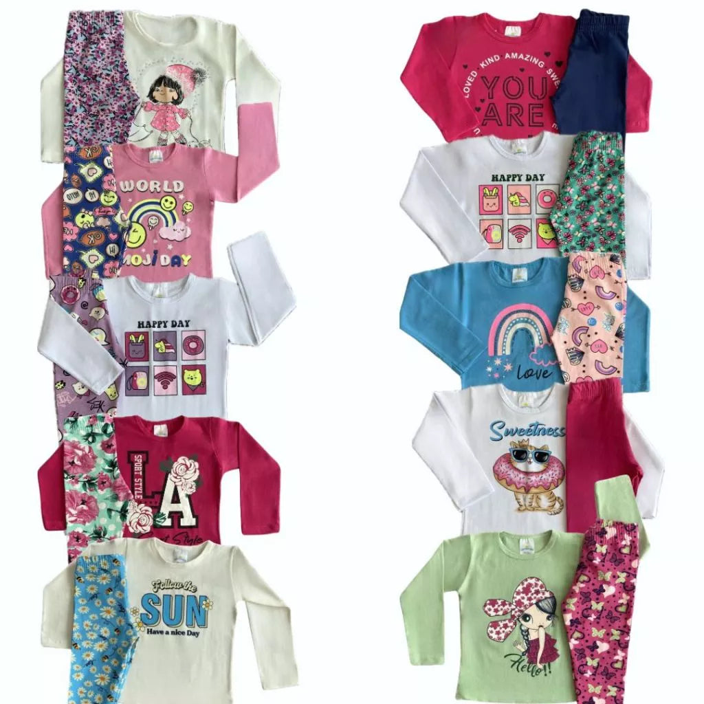 Kit 5 conjuntos Peças Conjunto Infantil Menina 5 Calça Legging 5 Blusinha Manga Longa Meia Estação 1 ao 16