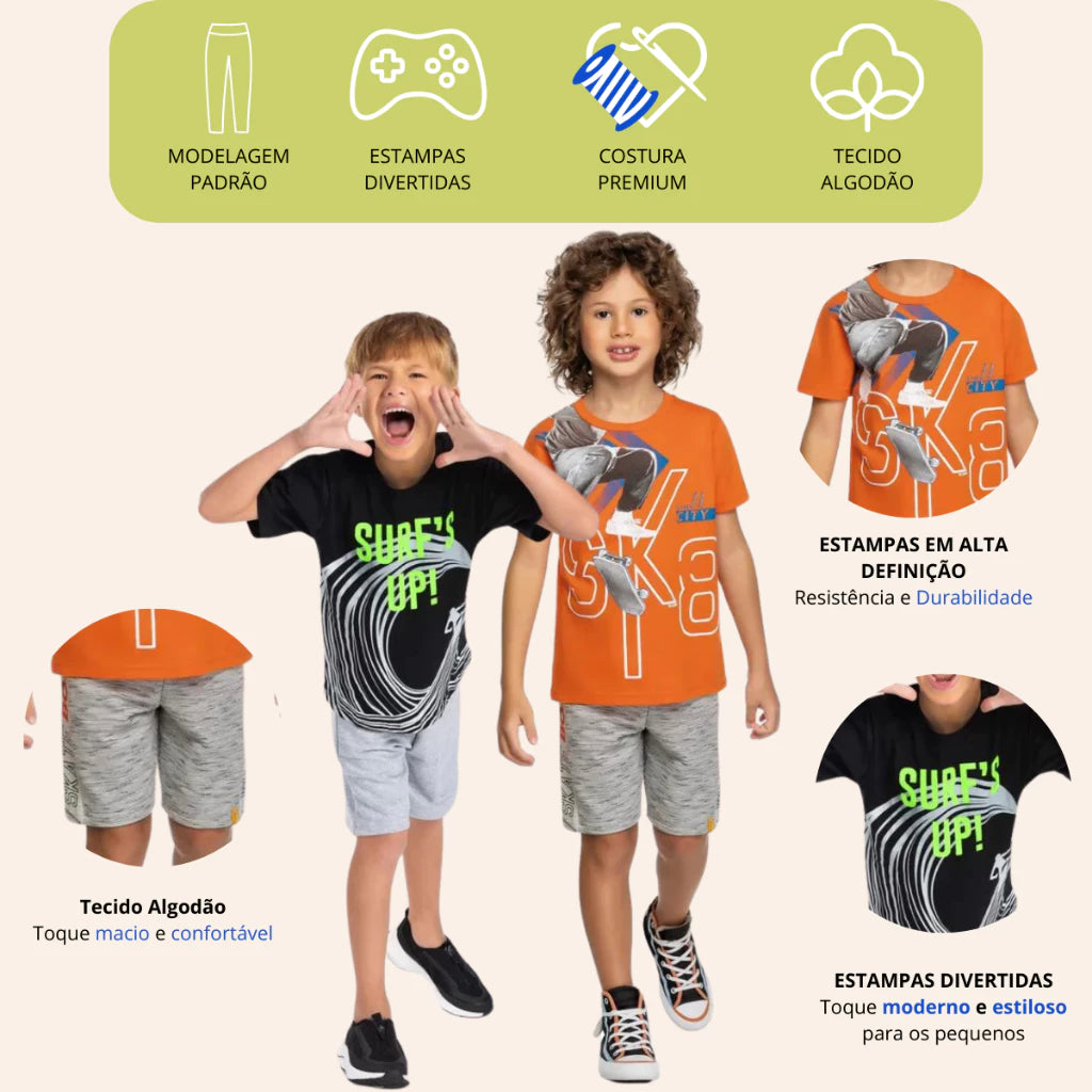 Kit Premium Infantil Menino 5 conjuntos Peças Verão – 5 Camisetas + 5 Bermudas | Tamanhos 1 a 10