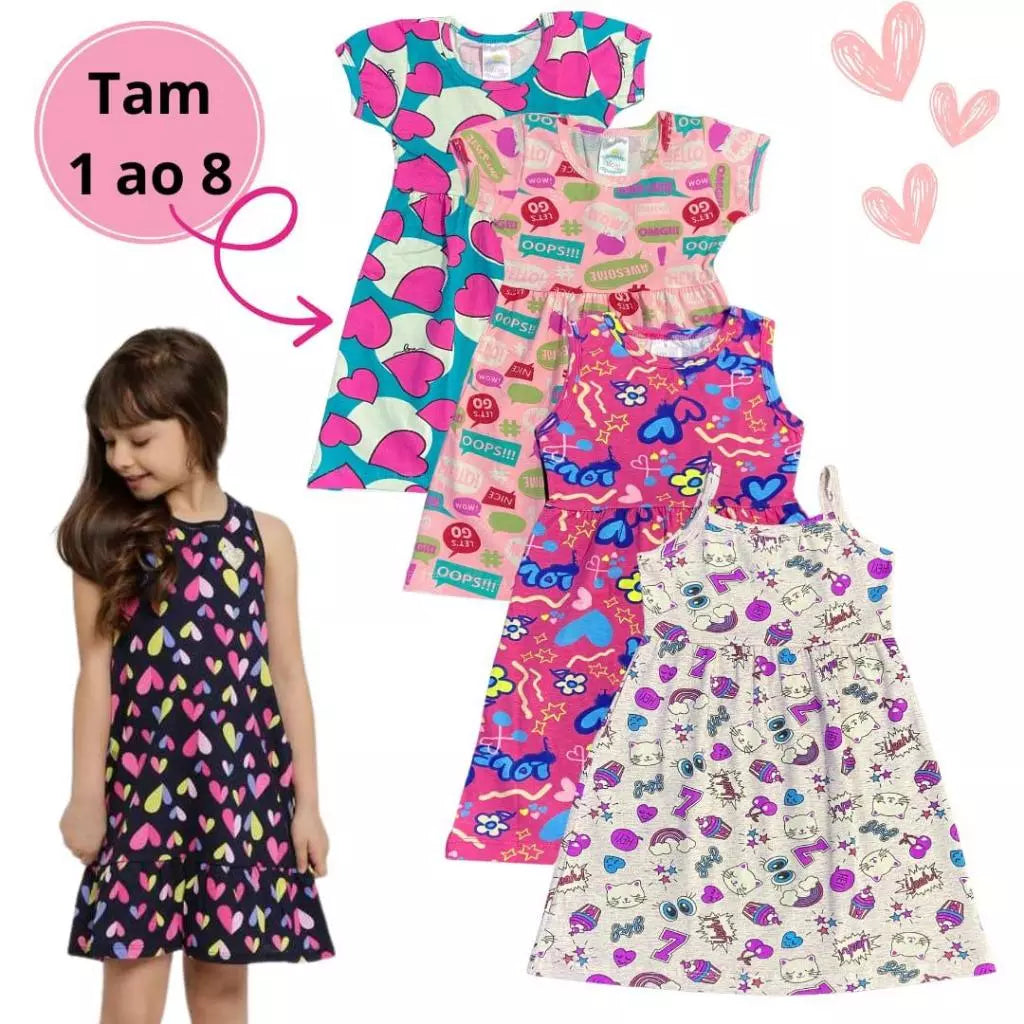 Kit 4 Vestido Infantil Verão Menina Feminino De Algodão em Regata e Alcinha 1 ao 8