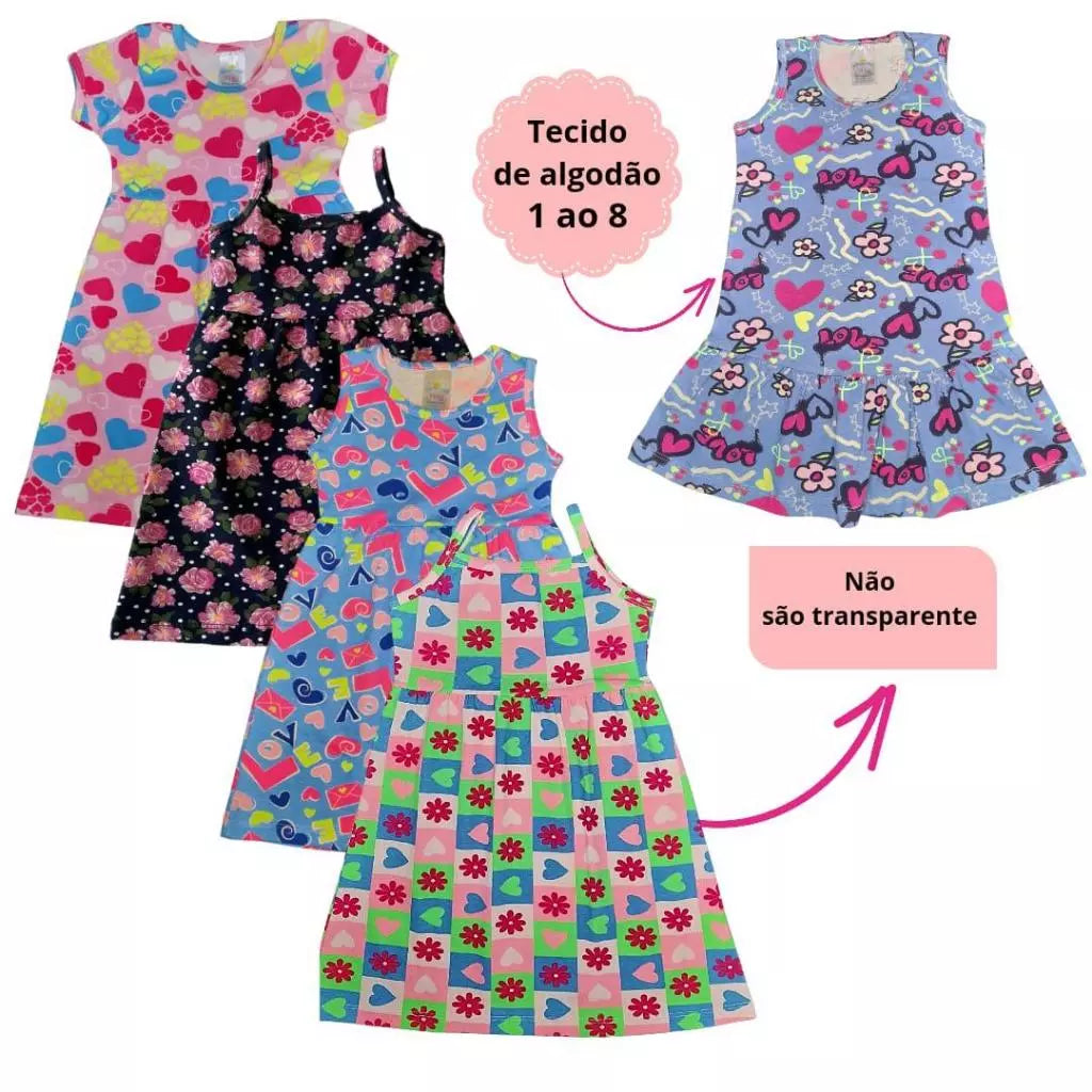 Kit 4 Vestido Infantil Verão Menina Feminino De Algodão em Regata e Alcinha 1 ao 8