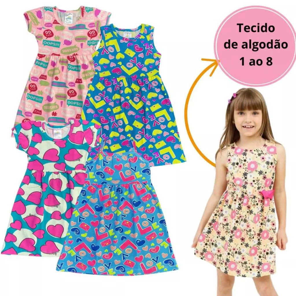 Kit 4 Vestido Infantil Verão Menina Feminino De Algodão em Regata e Alcinha 1 ao 8