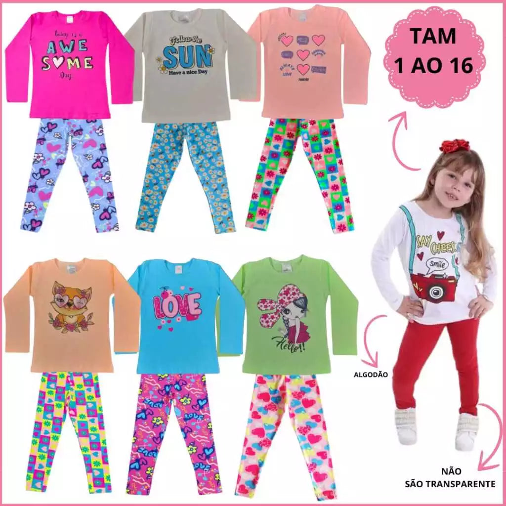 Kit 5 conjuntos Peças Conjunto Infantil Menina 5 Calça Legging 5 Blusinha Manga Longa Meia Estação 1 ao 16