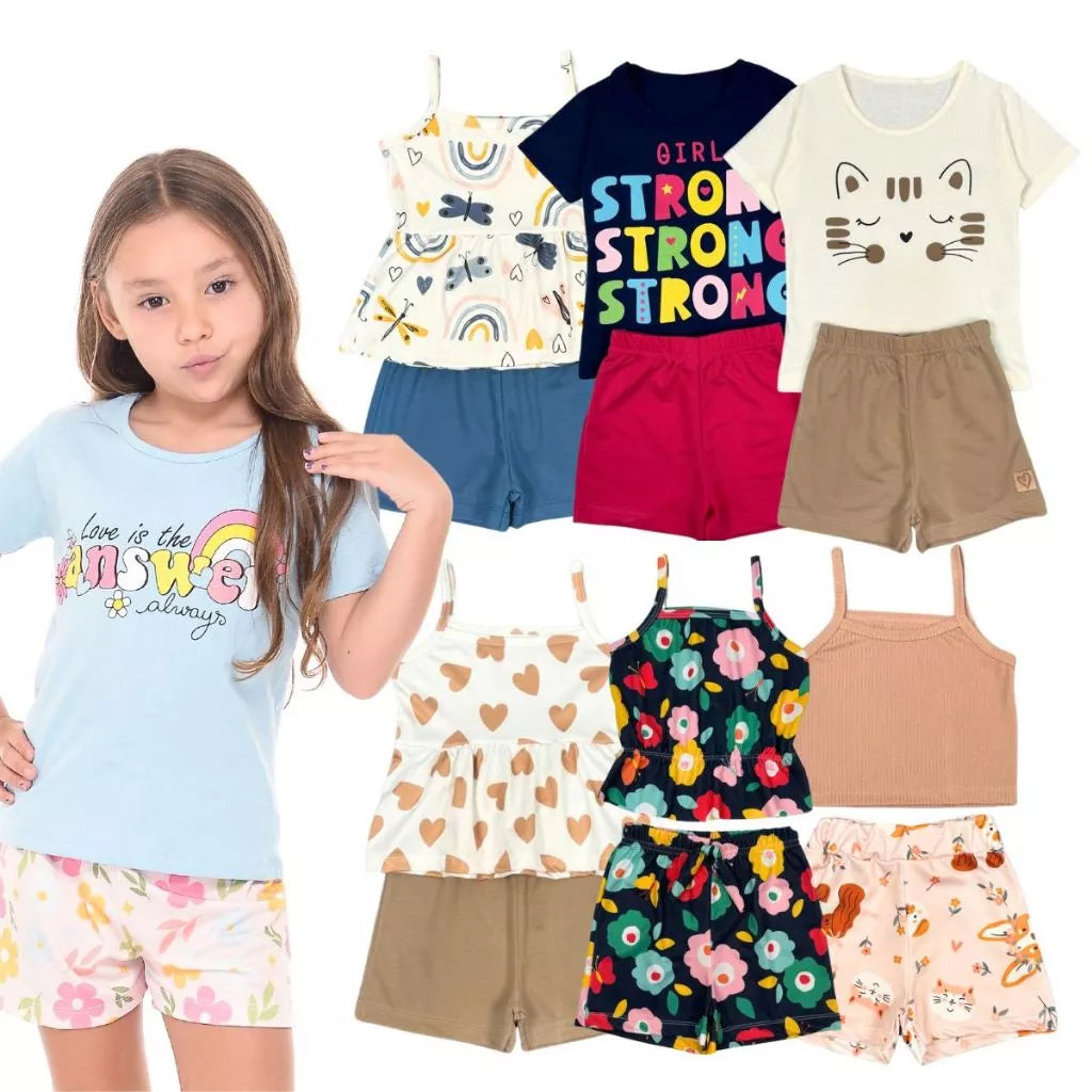 Kit Sortidos 5 conjuntos peças de Roupas Infantil Menina 5 Blusas+5 Shorts Blogueirinha