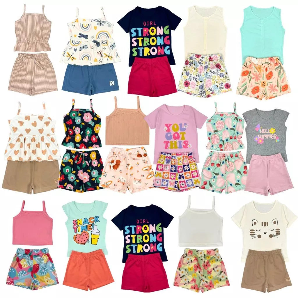 Kit Sortidos 5 conjuntos peças de Roupas Infantil Menina 5 Blusas+5 Shorts Blogueirinha