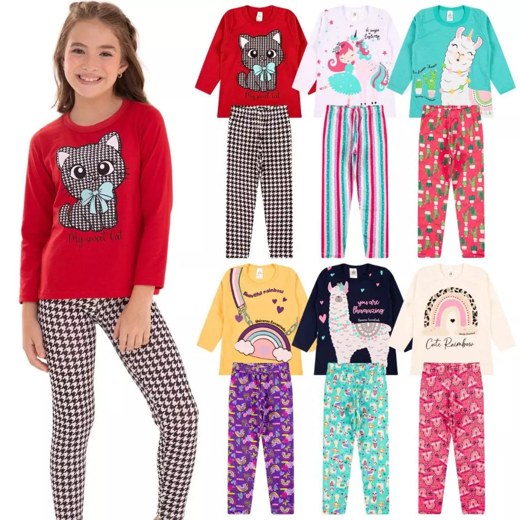 Kit com 4 conjuntos Sortidos Infantil Inverno e meia estação – 4 camisas manga longa + 4 calças legging