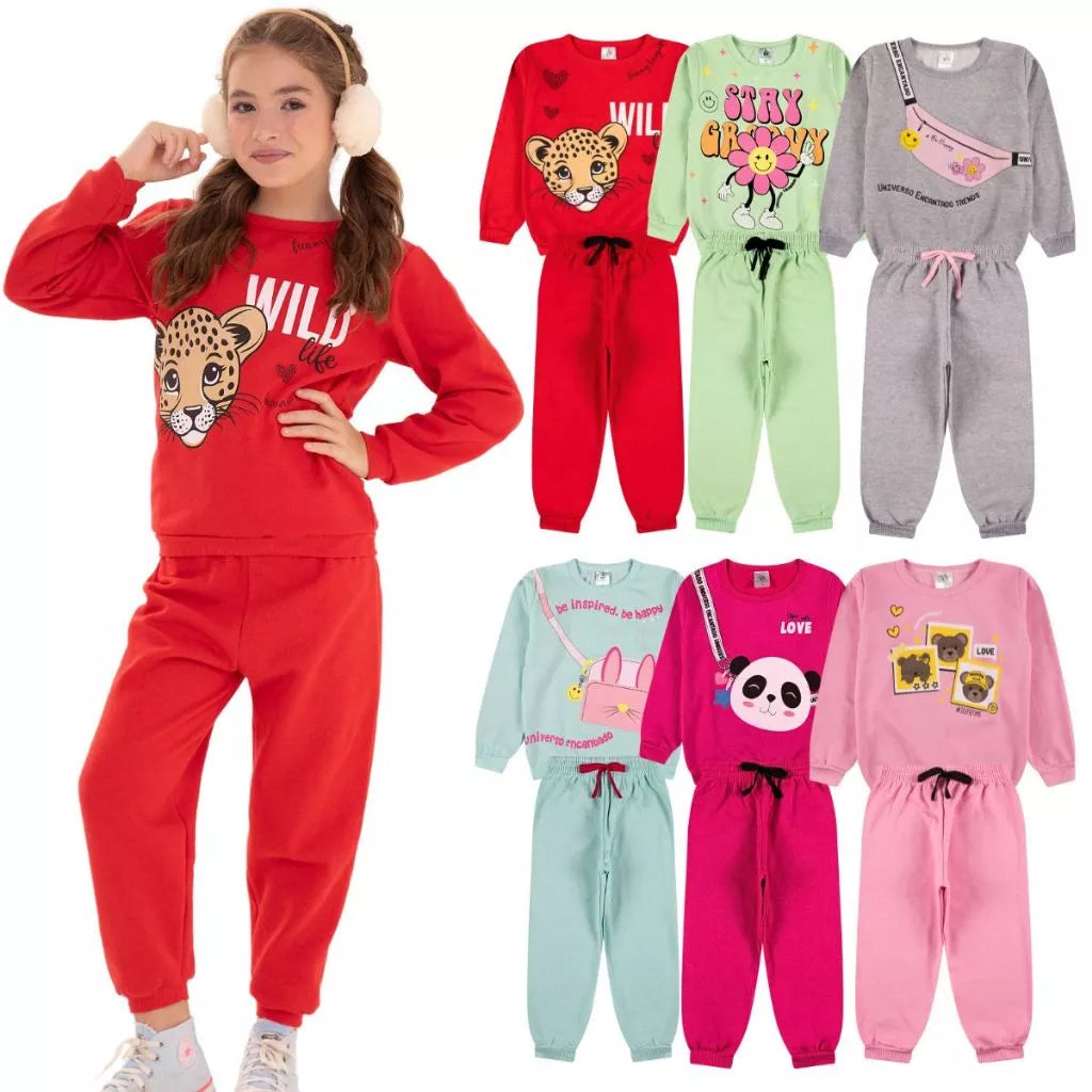 Kit Sortido 3 conjuntos de de Roupas Feminino Infantil Inverno – 3 blusas casacos + 3 calças de 1 ao 10 Menina