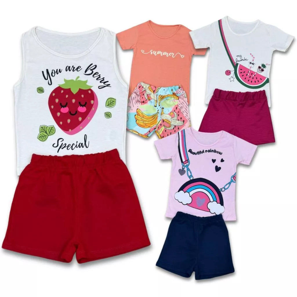 Kit Sortidos 5 conjuntos peças de Roupas Infantil Menina 5 Blusas+5 Shorts Blogueirinha