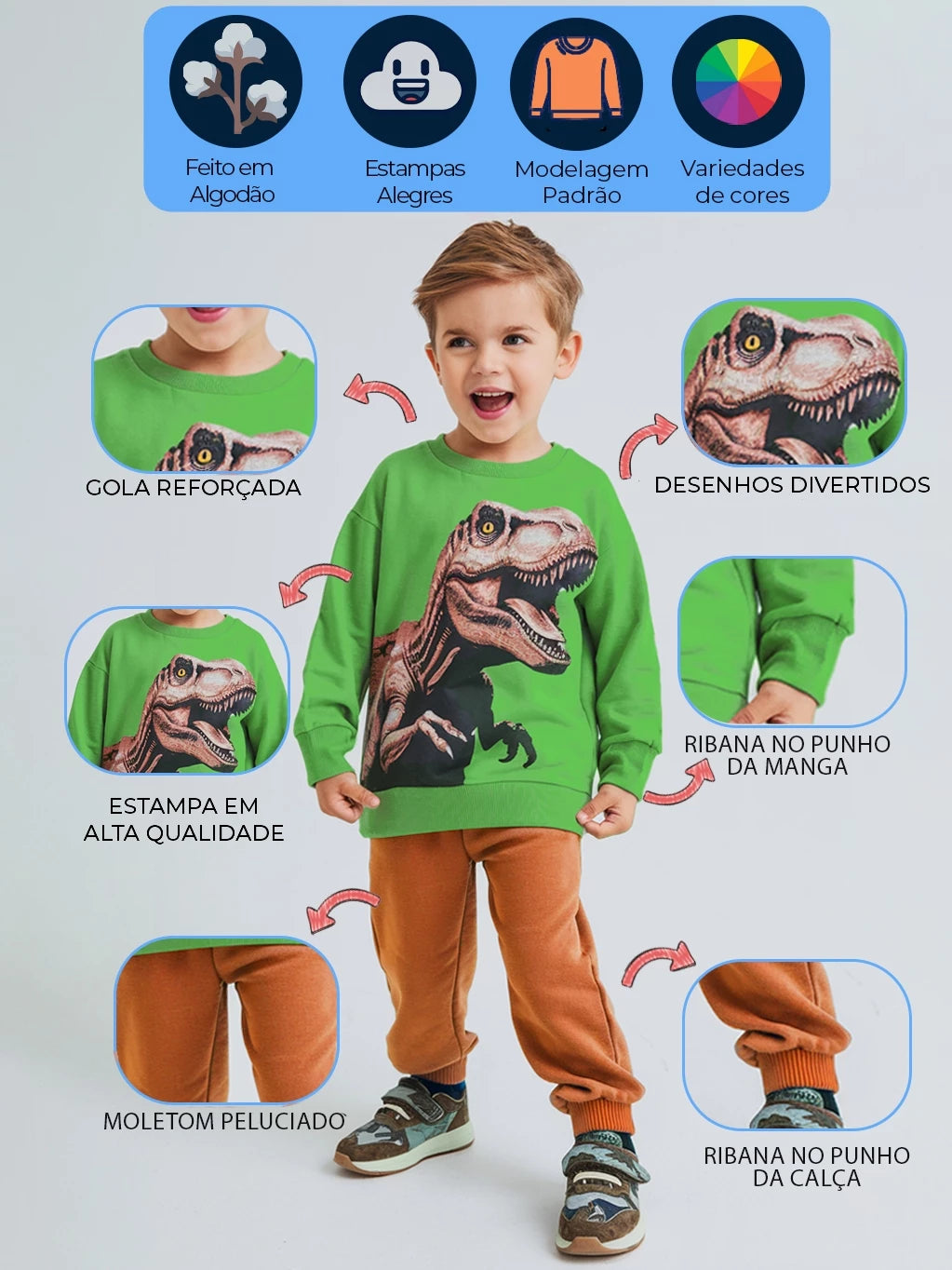 Kit com 3 conjuntos de Moletom Infantil Menino 1 ao 14 Masculino Inverno Manga Longa
