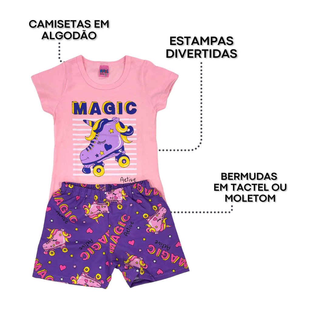 Kit com 5 conjuntos Peças Roupa Infantil Menina Verão ou Kit 6 Peças Conjunto Sortido Estampado Camiseta + Shorts