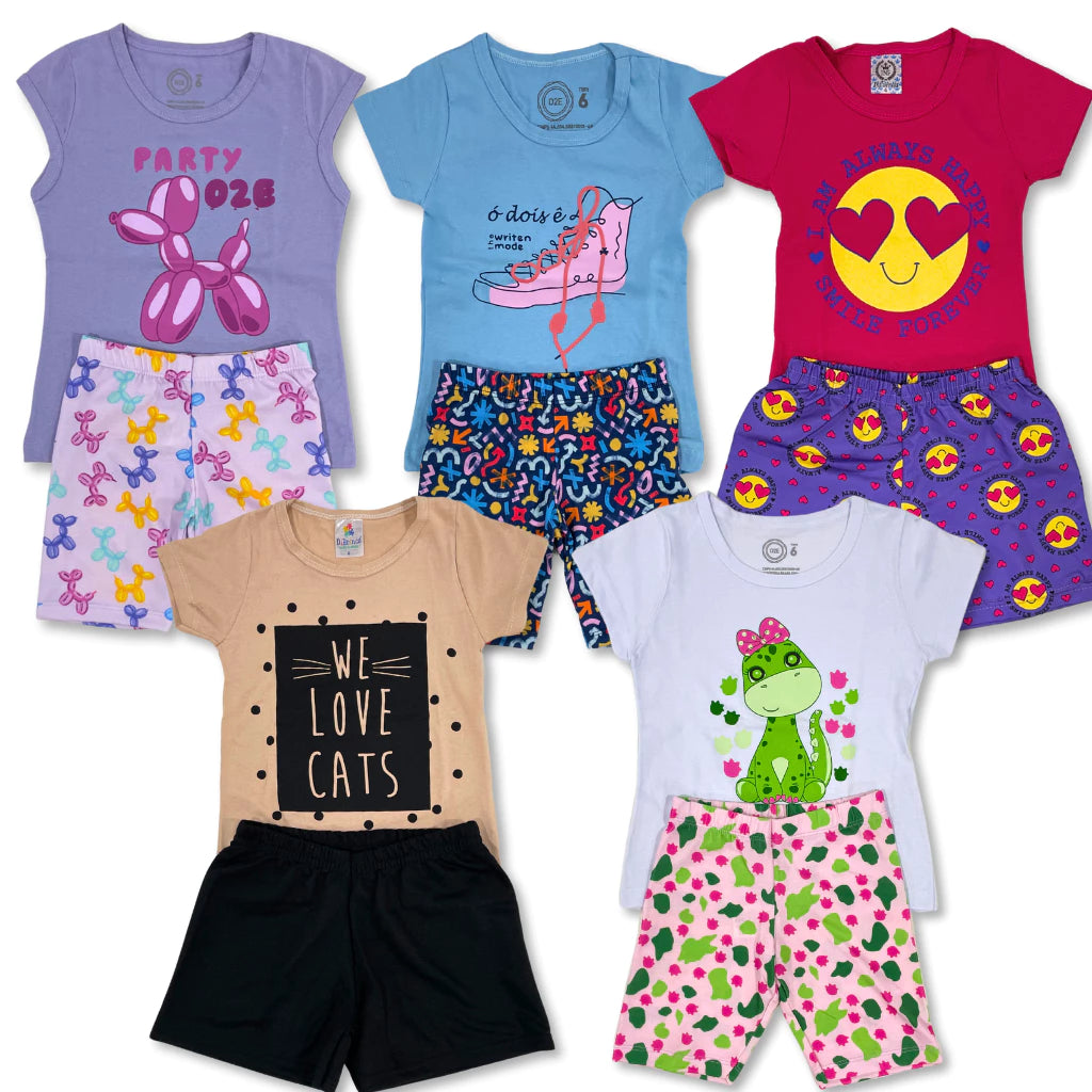 Kit com 5 conjuntos Peças Roupa Infantil Menina Verão ou Kit 6 Peças Conjunto Sortido Estampado Camiseta + Shorts