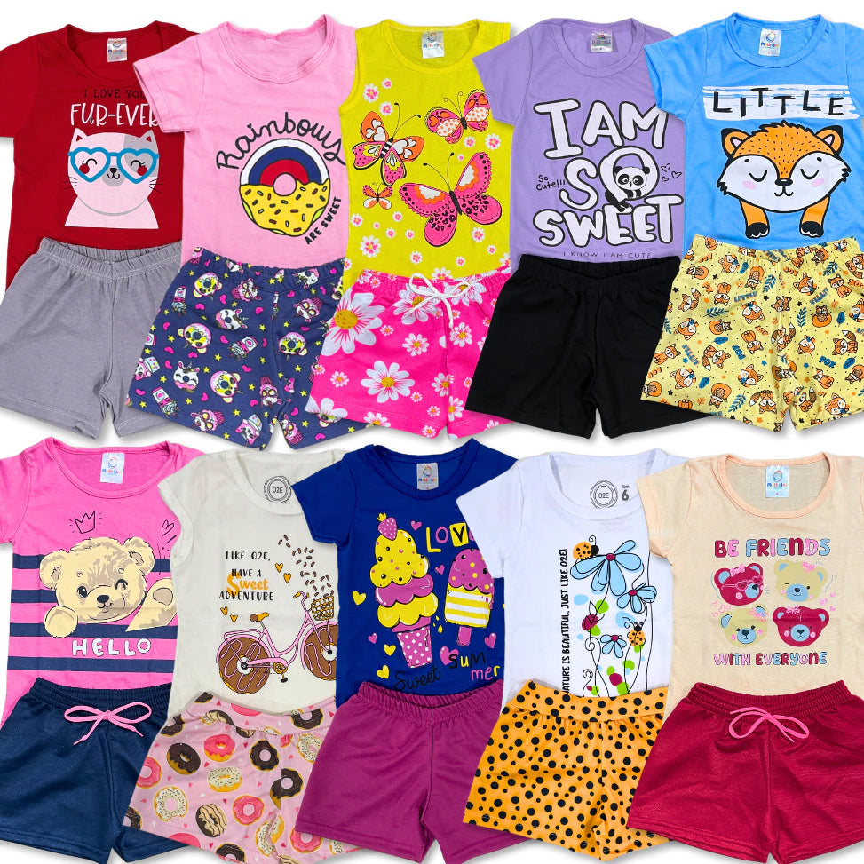 Kit com 5 conjuntos Peças Roupa Infantil Menina Verão ou Kit 6 Peças Conjunto Sortido Estampado Camiseta + Shorts