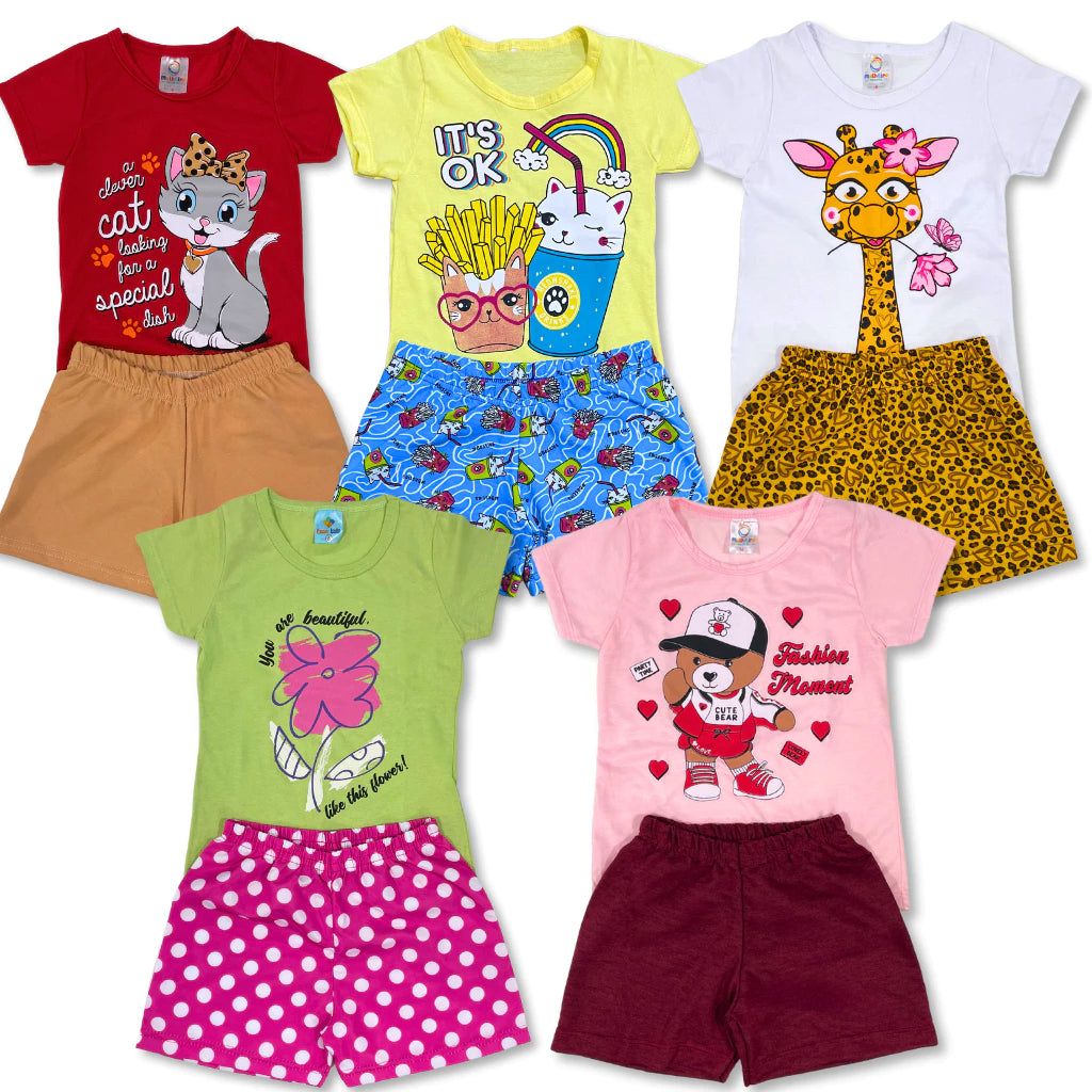 Kit com 5 conjuntos Peças Roupa Infantil Menina Verão ou Kit 6 Peças Conjunto Sortido Estampado Camiseta + Shorts