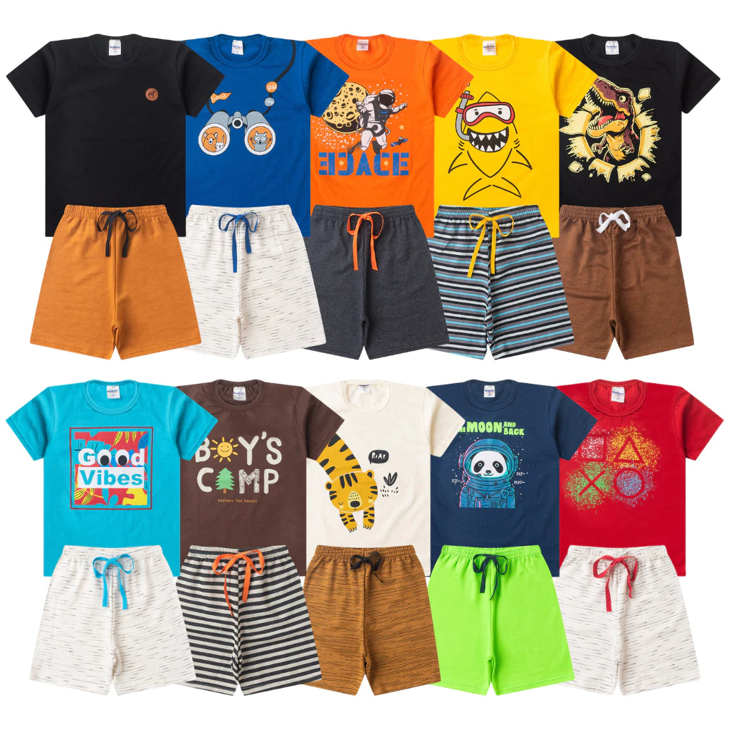 Kit Premium Infantil Menino 5 conjuntos Peças Verão – 5 Camisetas + 5 Bermudas | Tamanhos 1 a 10