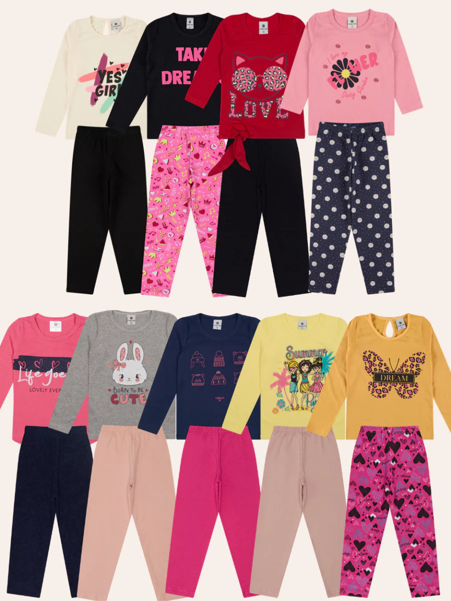 Kit com 5 conjuntos Peças Sortidas (5 Calças + 5 Blusas) | 1 a 10 Anos | Kit Roupa Infantil Menina