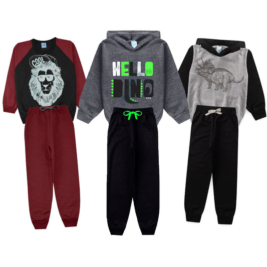 kit 3 Conjuntos Inverno Infantil Menino Casaco Com Touca ou Sem E Calça Moletom Flanelado Masculino
