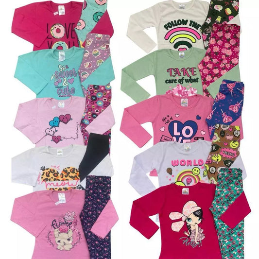 Kit 5 conjuntos Peças Conjunto Infantil Menina 5 Calça Legging 5 Blusinha Manga Longa Meia Estação 1 ao 16