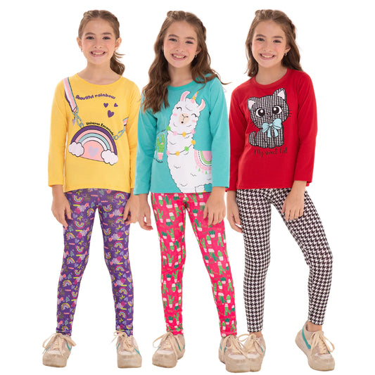 Kit com 4 conjuntos Sortidos Infantil Inverno e meia estação – 4 camisas manga longa + 4 calças legging