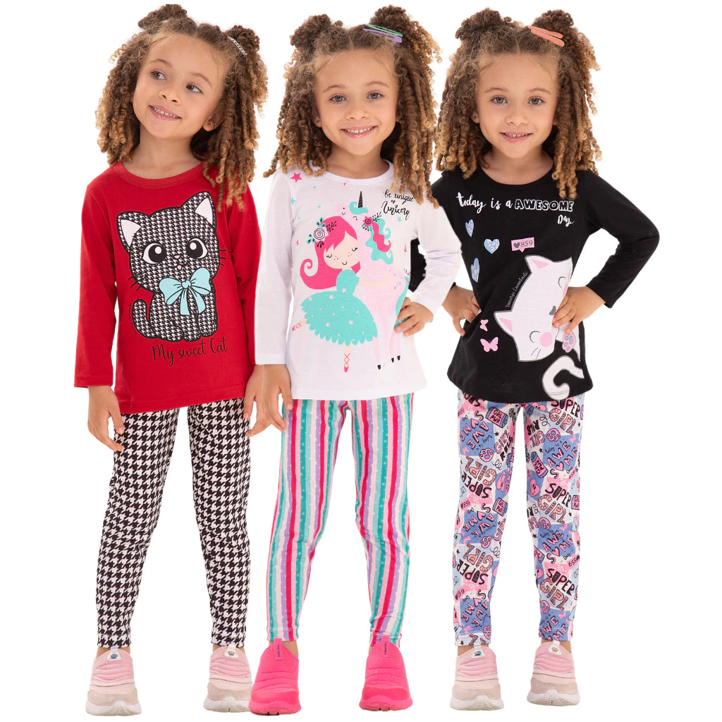 Kit com 4 conjuntos Sortidos Infantil Inverno e meia estação – 4 camisas manga longa + 4 calças legging