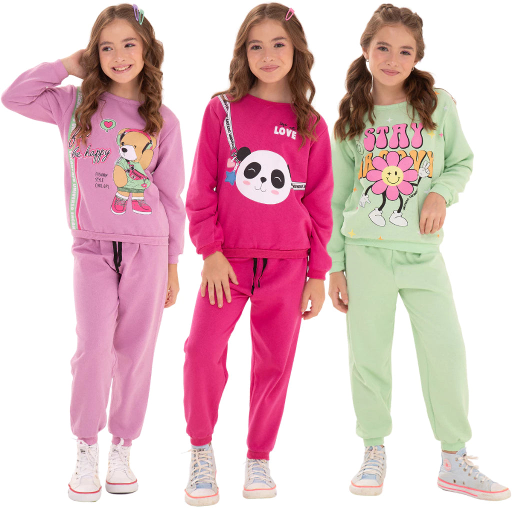 Kit Sortido 3 conjuntos de de Roupas Feminino Infantil Inverno – 3 blusas casacos + 3 calças de 1 ao 10 Menina