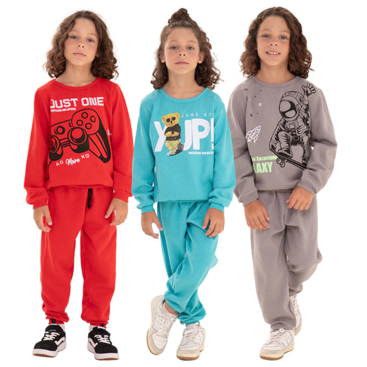 Kit Sortido com 3 conjuntos de moletons  masculino Infantil Inverno – 3 blusas casacos + 3 calças de 1 ao 10
