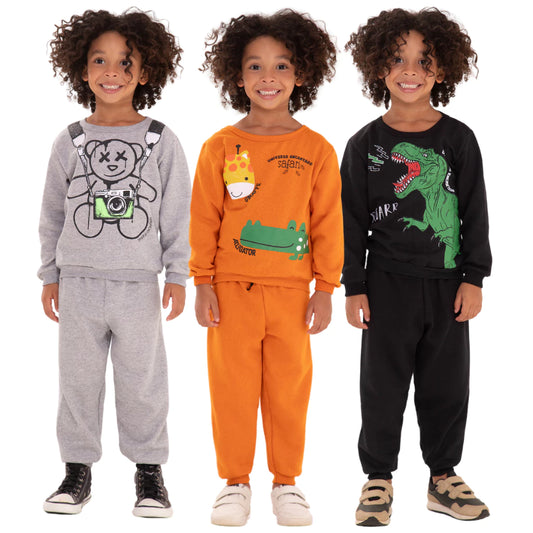 Kit Sortido com 3 conjuntos de moletons  masculino Infantil Inverno – 3 blusas casacos + 3 calças de 1 ao 10