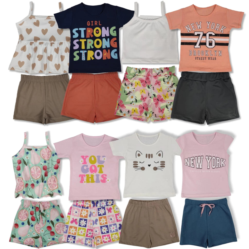 Kit Sortidos 5 conjuntos peças de Roupas Infantil Menina 5 Blusas+5 Shorts Blogueirinha