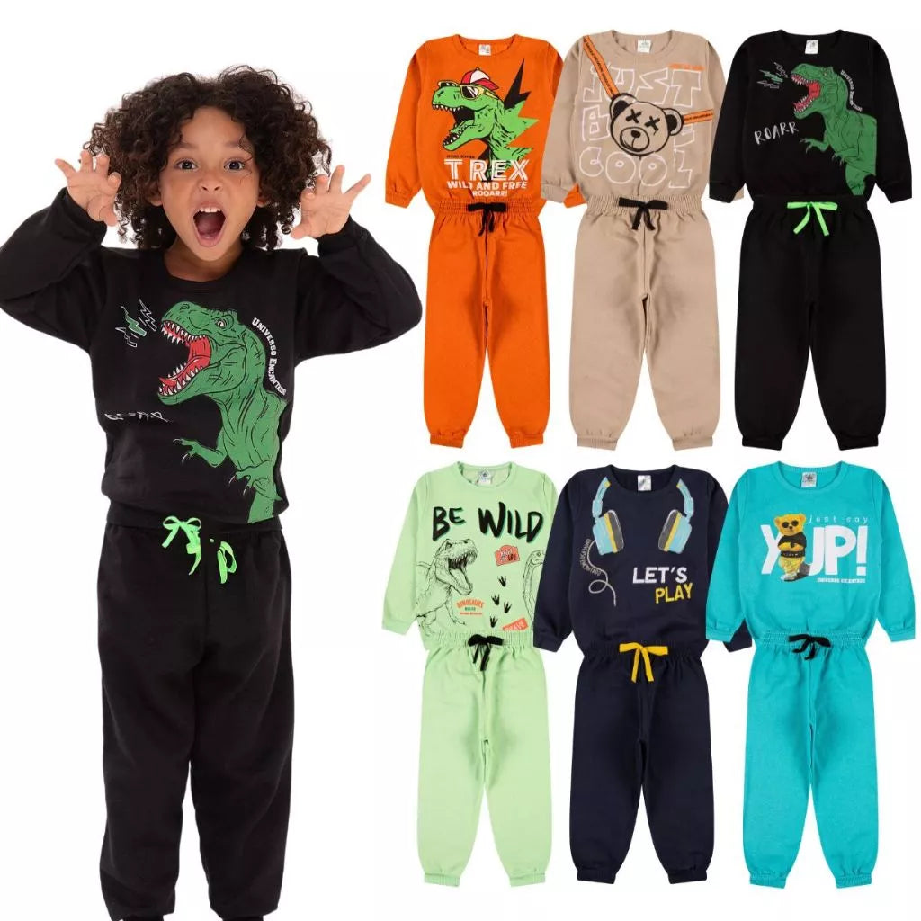 Kit Sortido com 3 conjuntos de moletons  masculino Infantil Inverno – 3 blusas casacos + 3 calças de 1 ao 10
