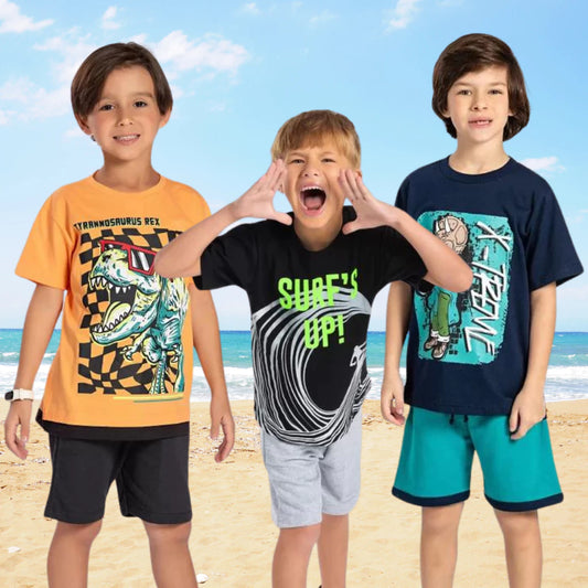 Kit Premium Infantil Menino 5 conjuntos Peças Verão – 5 Camisetas + 5 Bermudas | Tamanhos 1 a 10