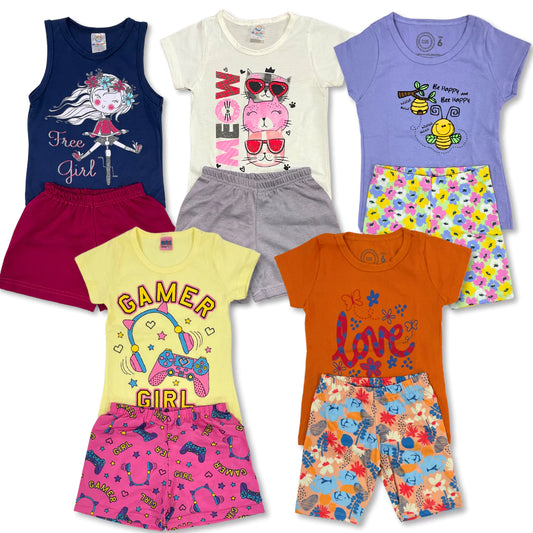 Kit com 5 conjuntos Peças Roupa Infantil Menina Verão ou Kit 6 Peças Conjunto Sortido Estampado Camiseta + Shorts