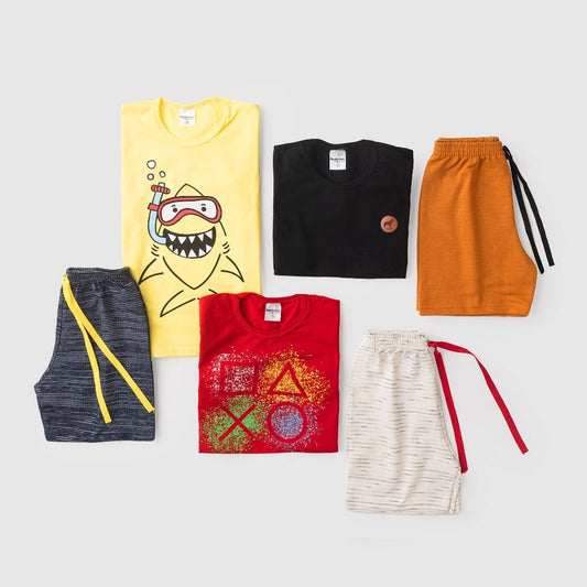 Kit Premium Infantil Menino 5 conjuntos Peças Verão – 5 Camisetas + 5 Bermudas | Tamanhos 1 a 10