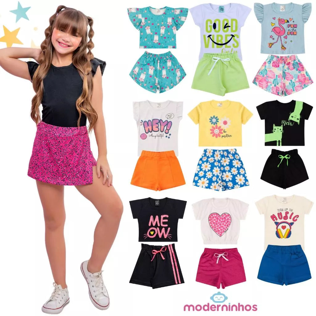 Kit  sortido com 5 Blusas Femininas + 5 Shorts = 5 Conjuntos