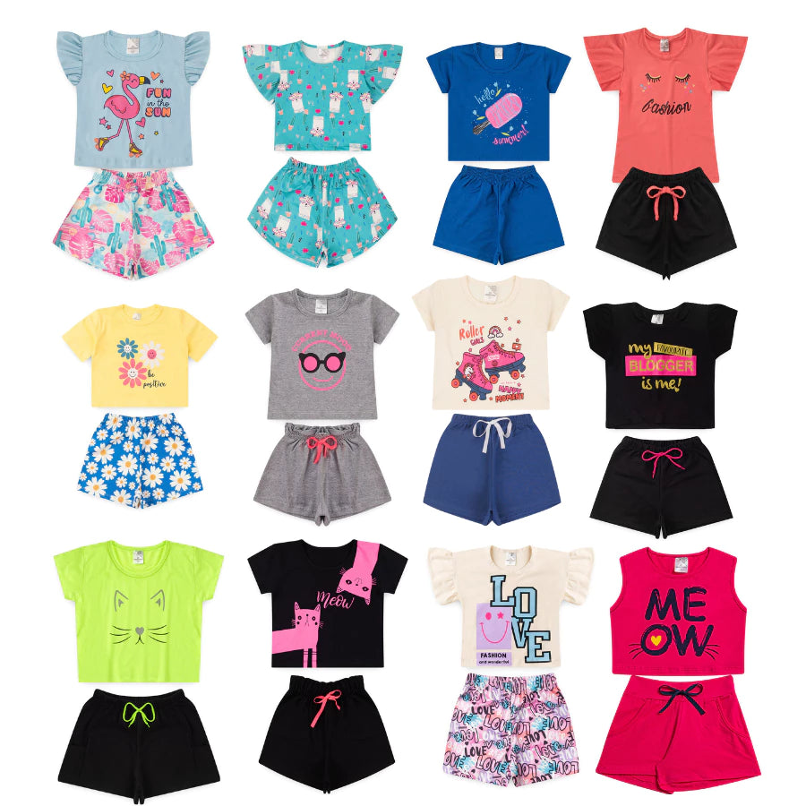 Kit  sortido com 5 Blusas Femininas + 5 Shorts = 5 Conjuntos