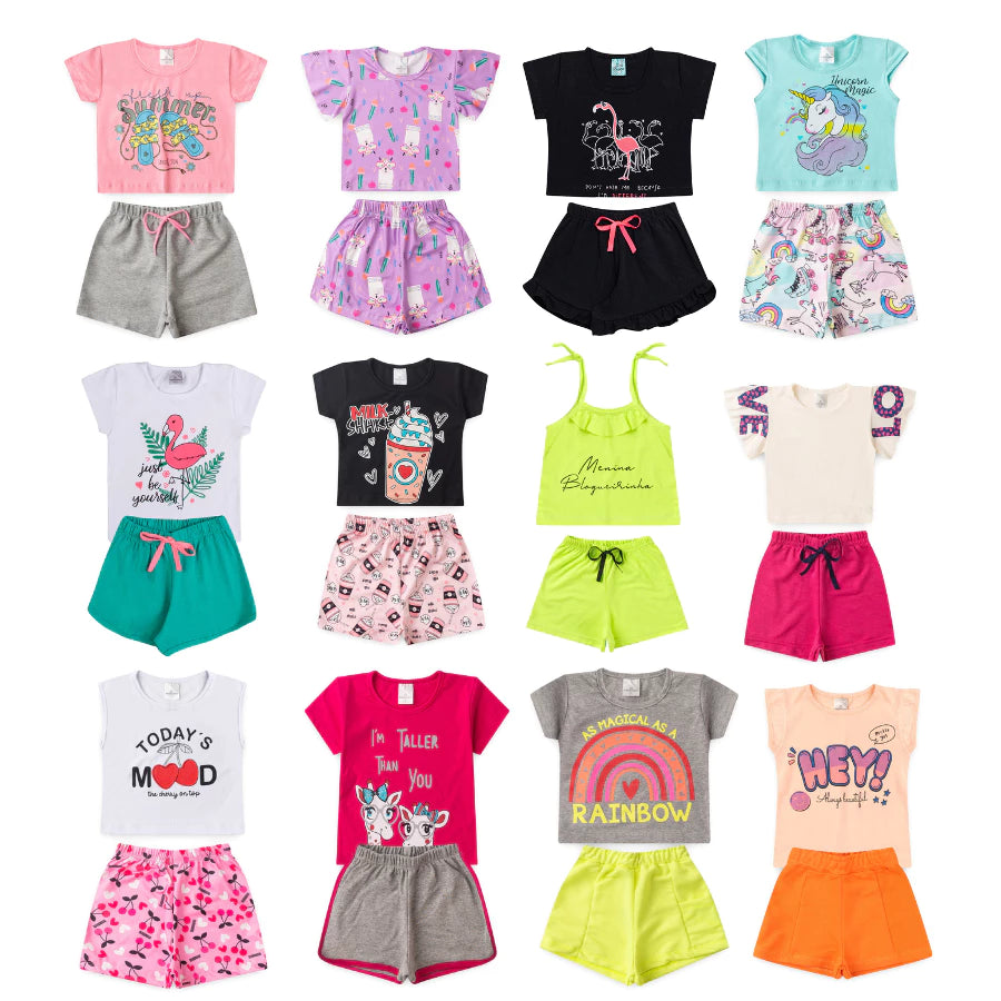 Kit  sortido com 5 Blusas Femininas + 5 Shorts = 5 Conjuntos