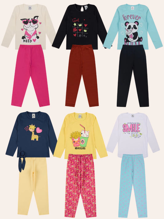 Kit com 5 conjuntos Peças Sortidas (5 Calças + 5 Blusas) | 1 a 10 Anos | Kit Roupa Infantil Menina