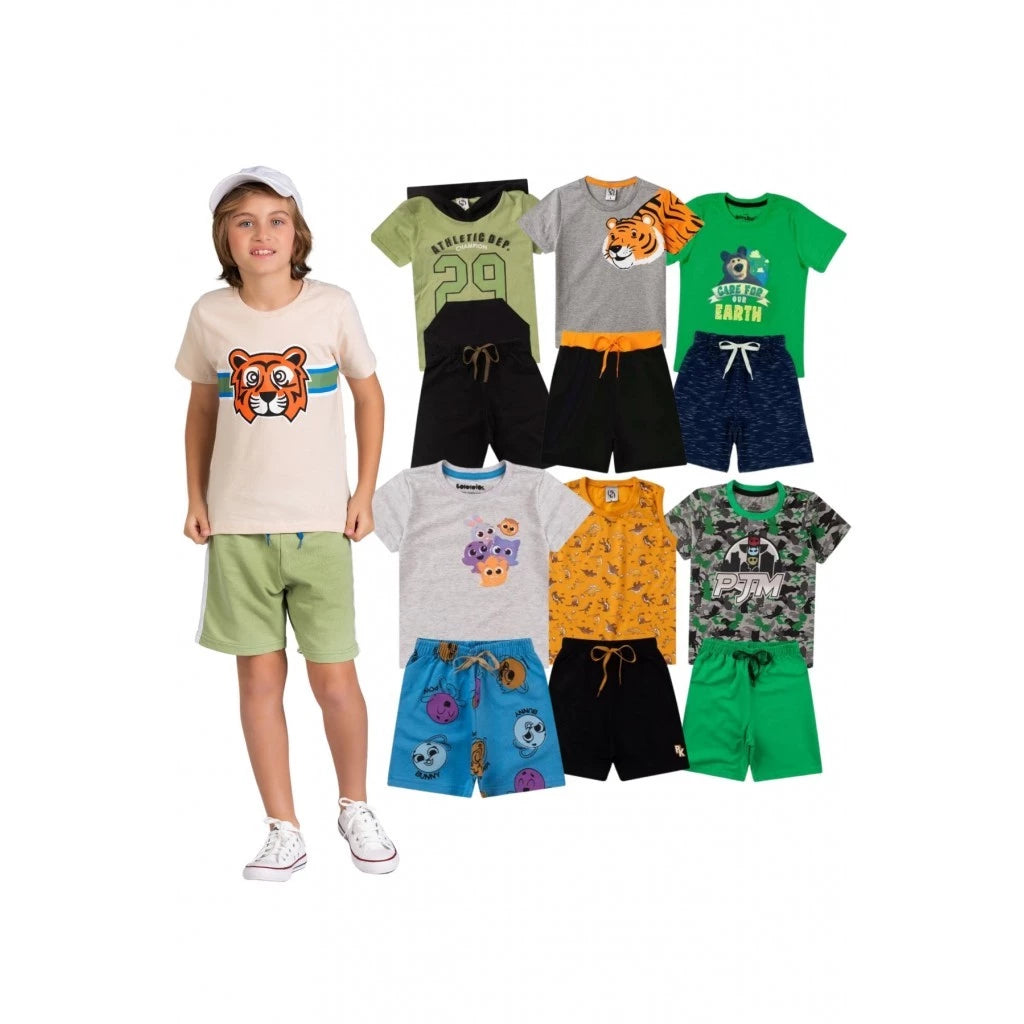 Kit Sortido 6 conjuntos de Roupas Infantis Masculino Verão - 6 Camisetas + 6 Bermudas