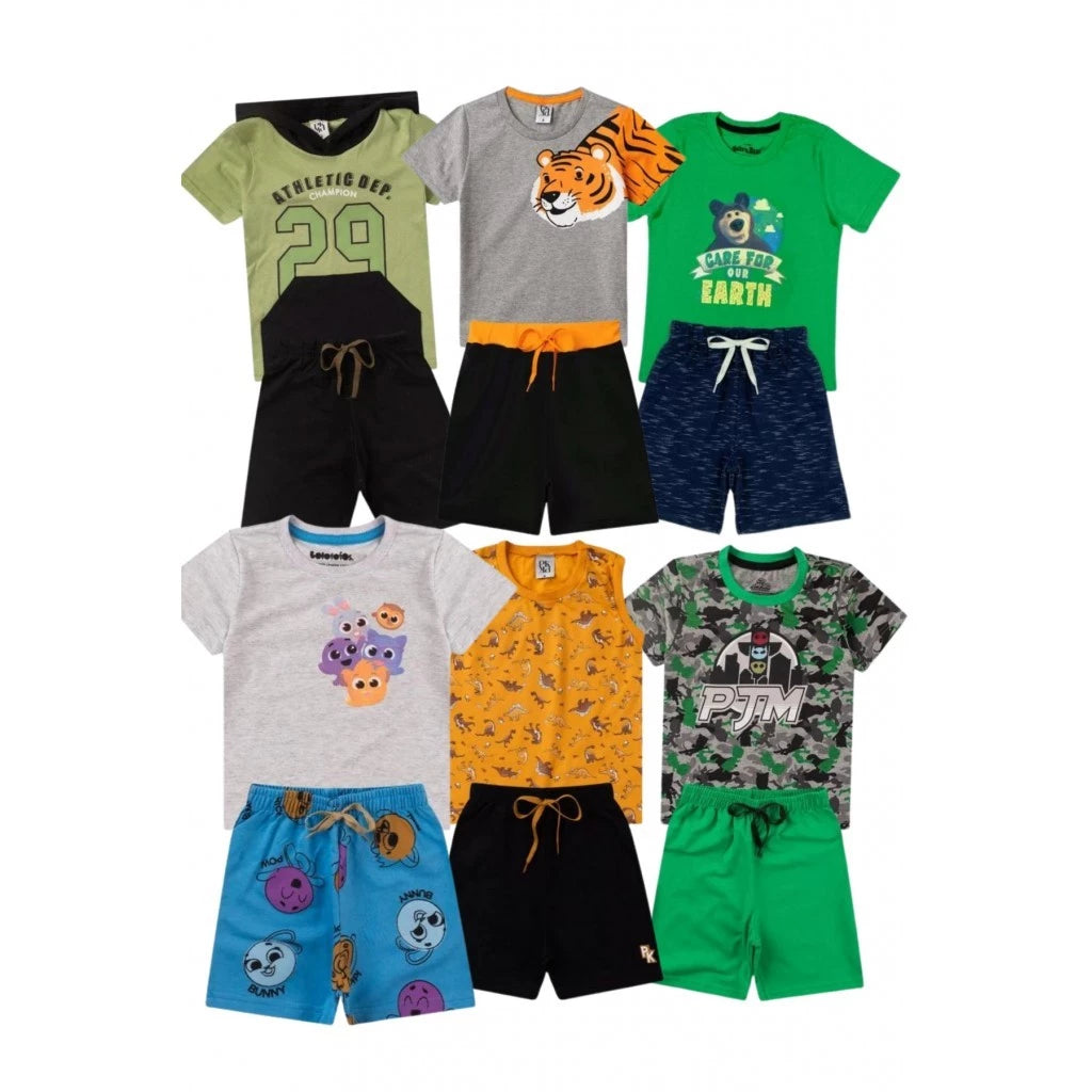 Kit Sortido 6 conjuntos de Roupas Infantis Masculino Verão - 6 Camisetas + 6 Bermudas