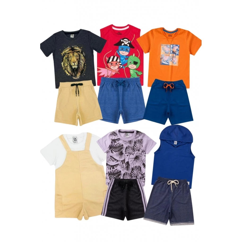 Kit Sortido 6 conjuntos de Roupas Infantis Masculino Verão - 6 Camisetas + 6 Bermudas